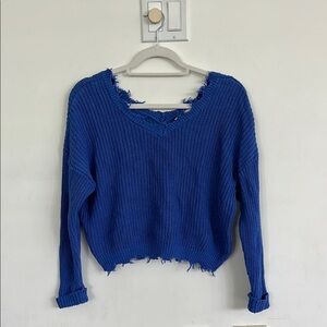 Royal blue distressed off the shoulder sweater